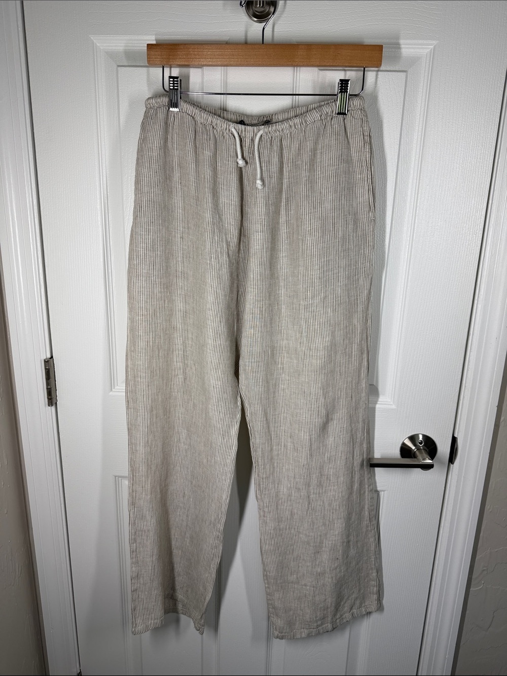 Brandy Melville tan striped linen drawstring waist wide leg pants size small
